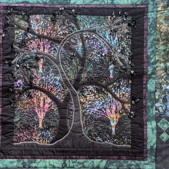 Quilted Tree of Life Wall Hanging: Beaded Fiber Art Table Topper - Picture 8 of 8